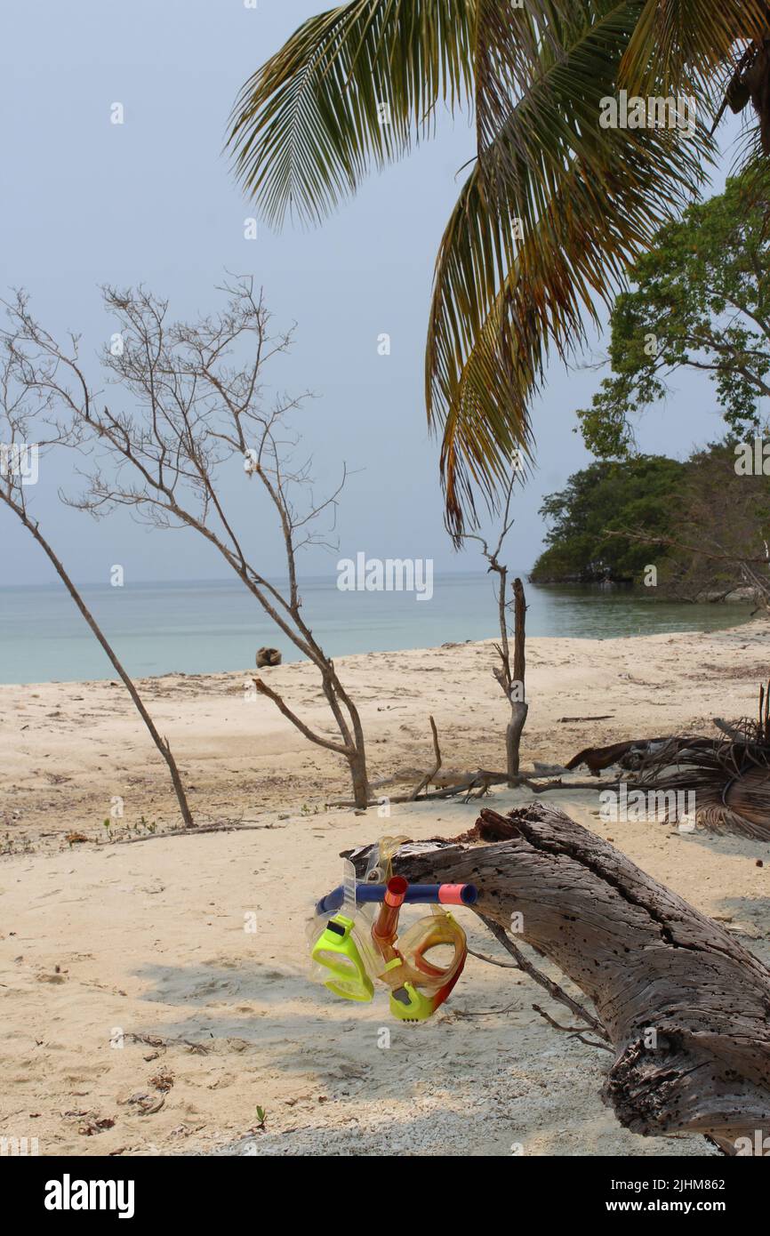 maschera di immersione gialla e rossa su un pezzo di legno di drift sull'isola di corallo con palme e sabbia dorata Foto Stock