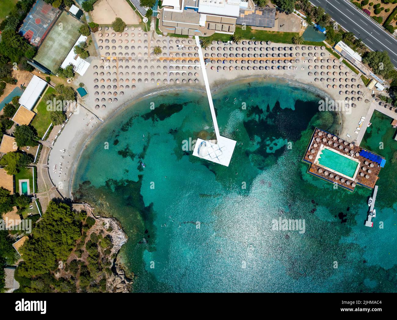 Vista aerea dall'alto della Grand Beach Lagonizi, Attica Foto Stock