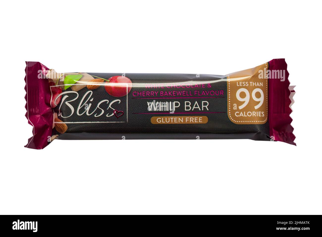 Bliss bianco cioccolato & ciliegia bakewell sapore frusta bar senza glutine isolato su sfondo bianco Foto Stock