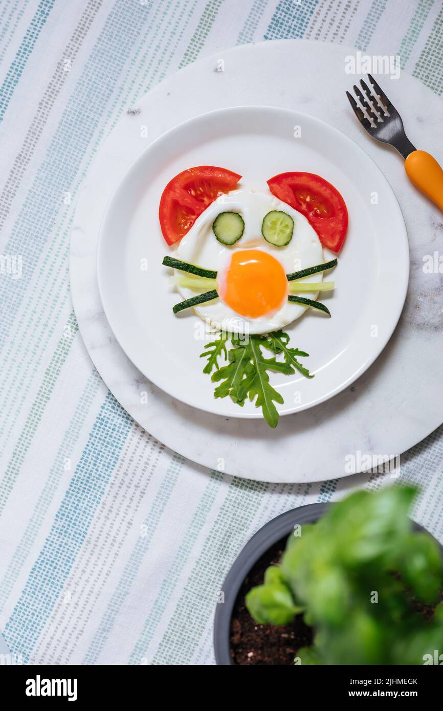 Colazione all'uovo con lato soleggiato, decorata per i bambini, con carattere animale. Servito con verdure. Foto Stock
