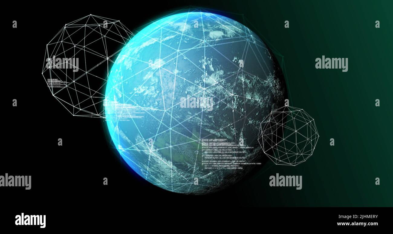 Immagine di globo, connessioni ed elaborazione dati su sfondo nero Foto Stock