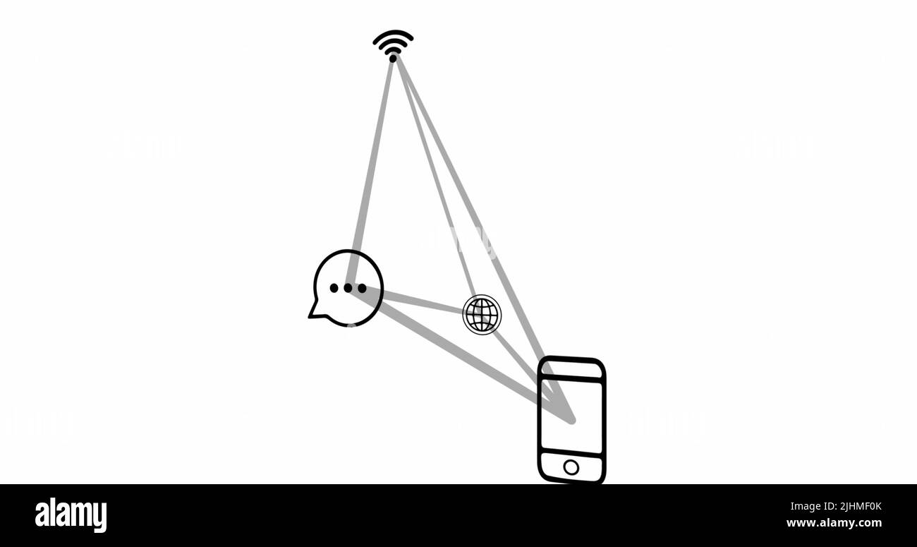 Immagine dello smartphone e delle connessioni con icone tecniche su sfondo bianco Foto Stock