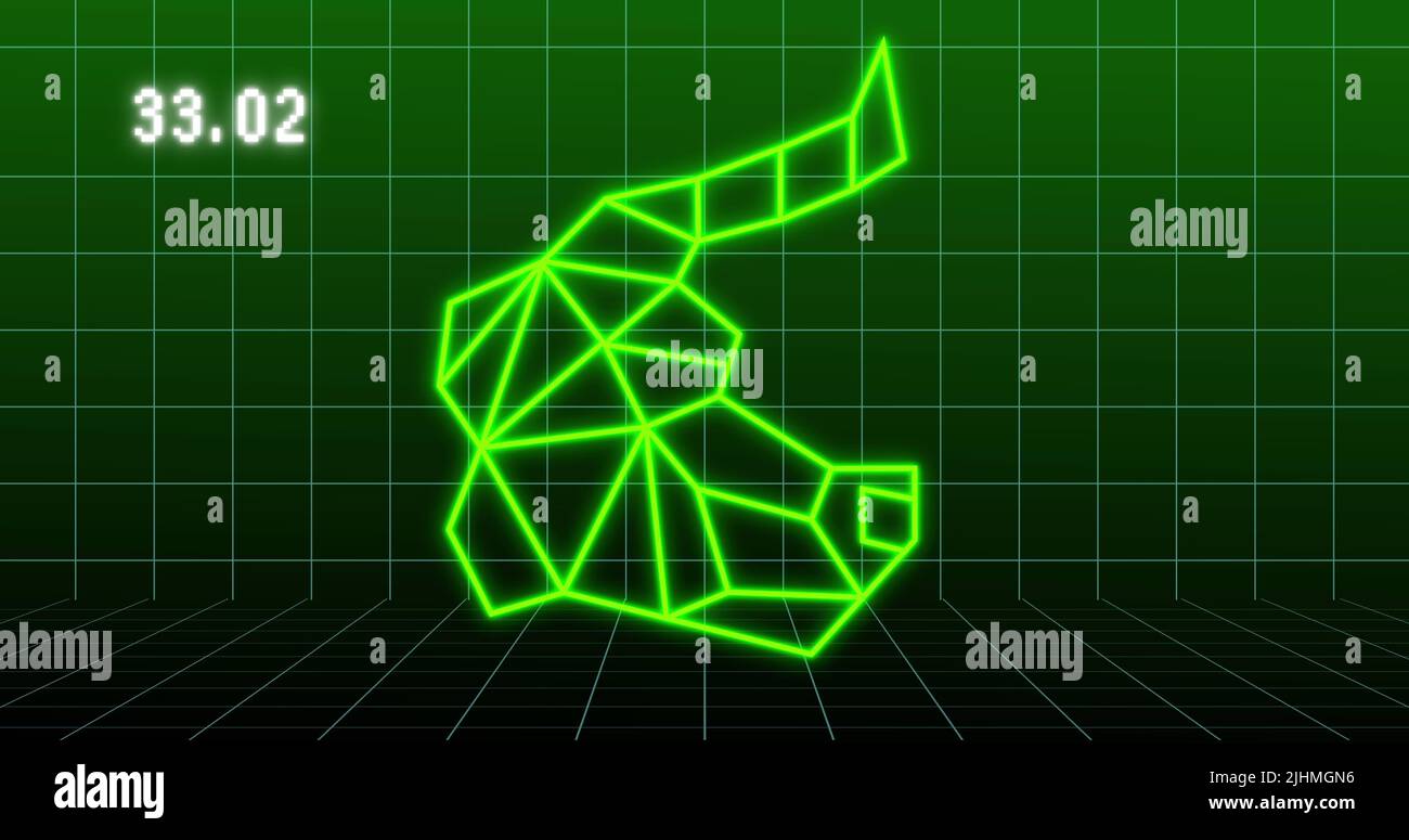 Immagine della forma geometrica del profilo bull e del grafico finanziario su sfondo verde scuro Foto Stock
