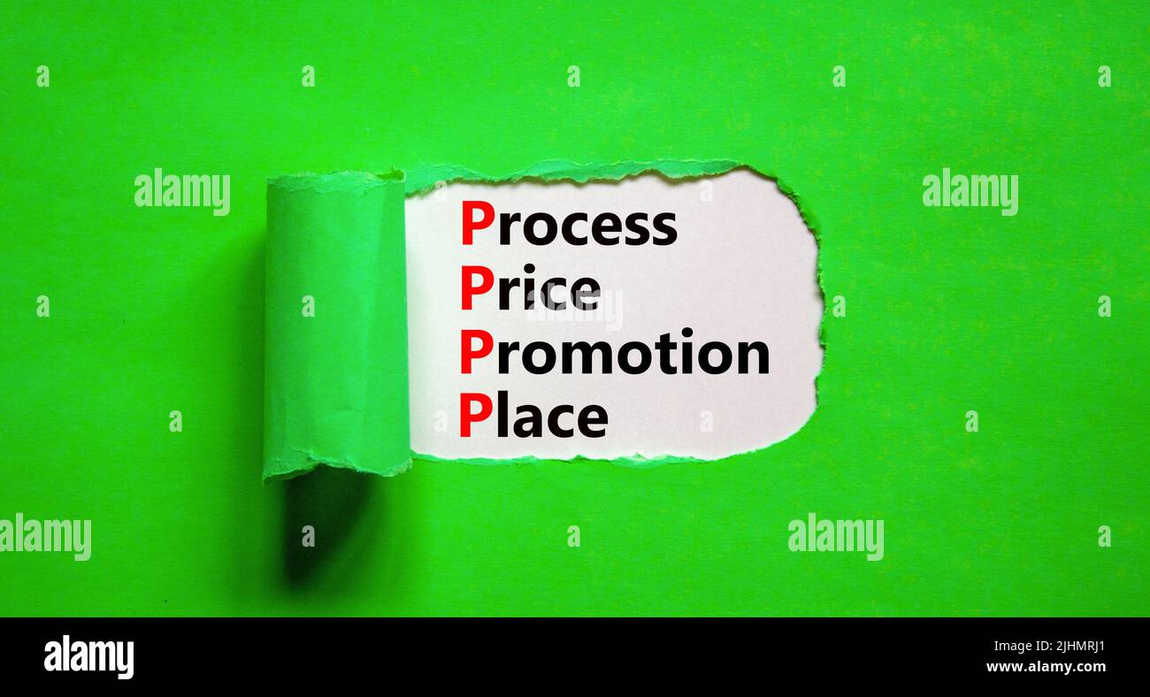Simbolo del luogo di promozione del prezzo di processo PPPP. Concetto parole PPPP processo prezzo promozione luogo su carta bianca su sfondo verde bello. Business e. Foto Stock