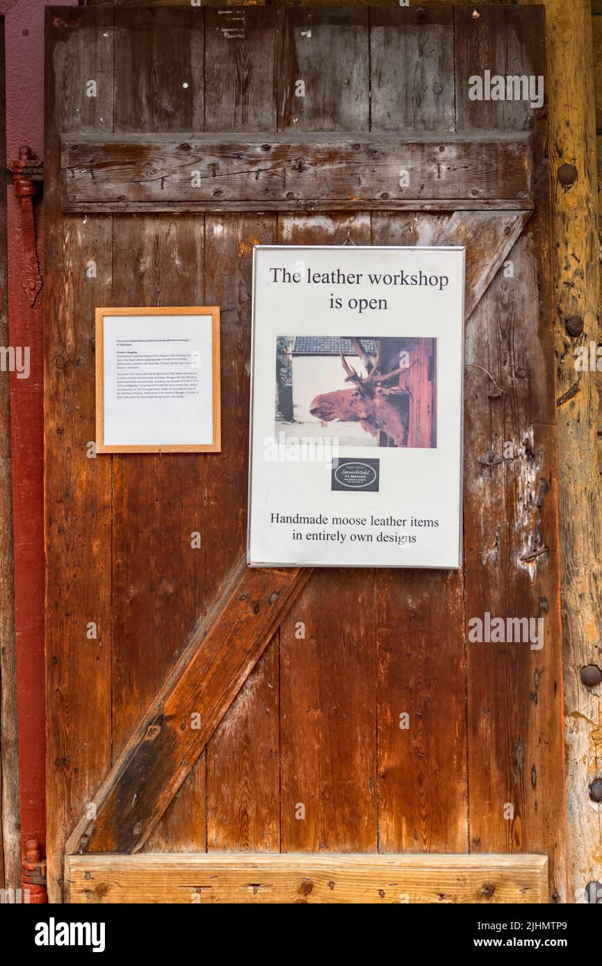 Bergen Norvegia, cartello per laboratorio pelle aperto, pelle moose artigianale, contro vecchia porta di legno Foto Stock