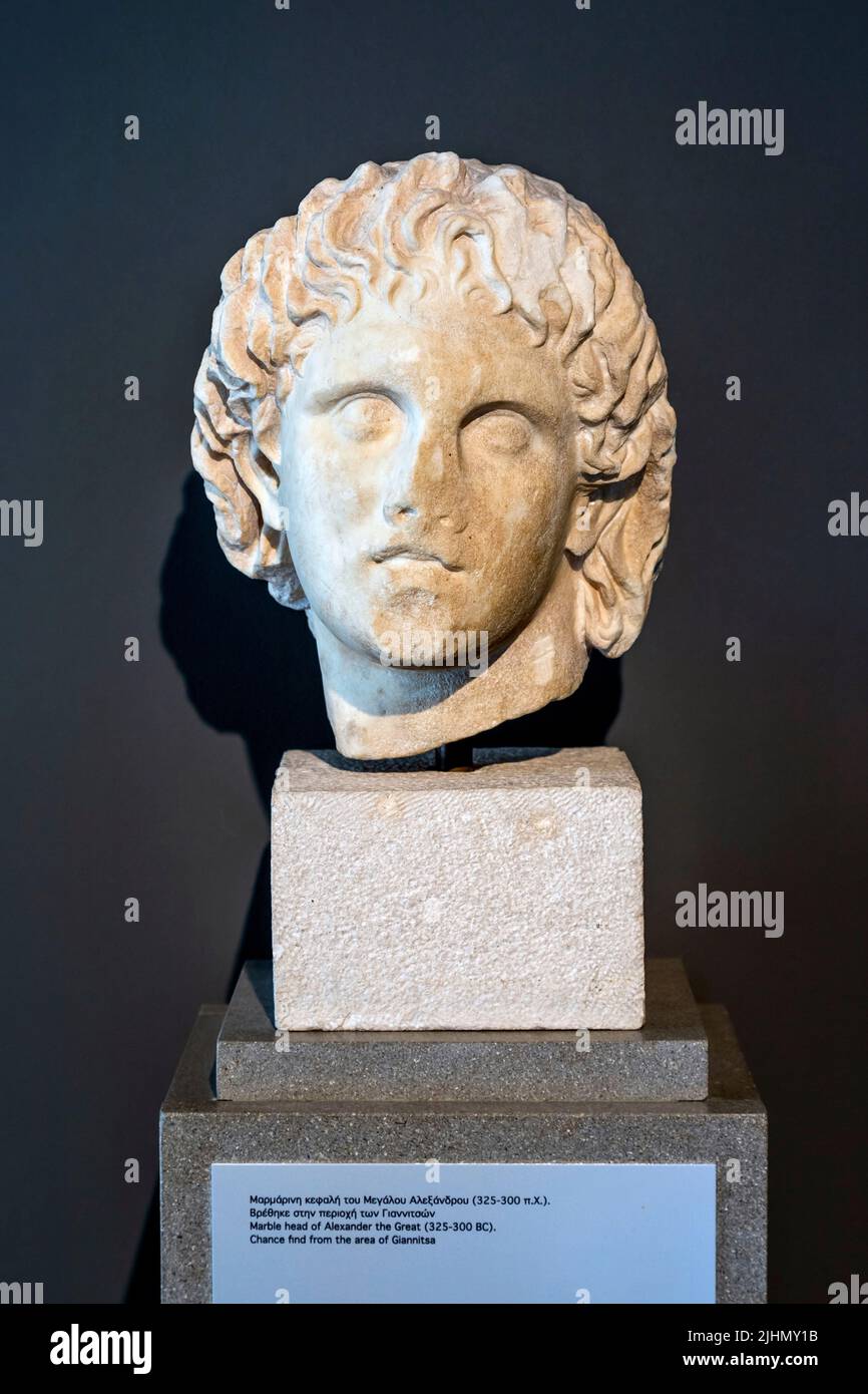 Testa di marmo di Alessandro Magno nel Museo Archeologico di Pella, Macedonia, Grecia. Possibilità di trovare dalla zona di Giannitsa. Foto Stock