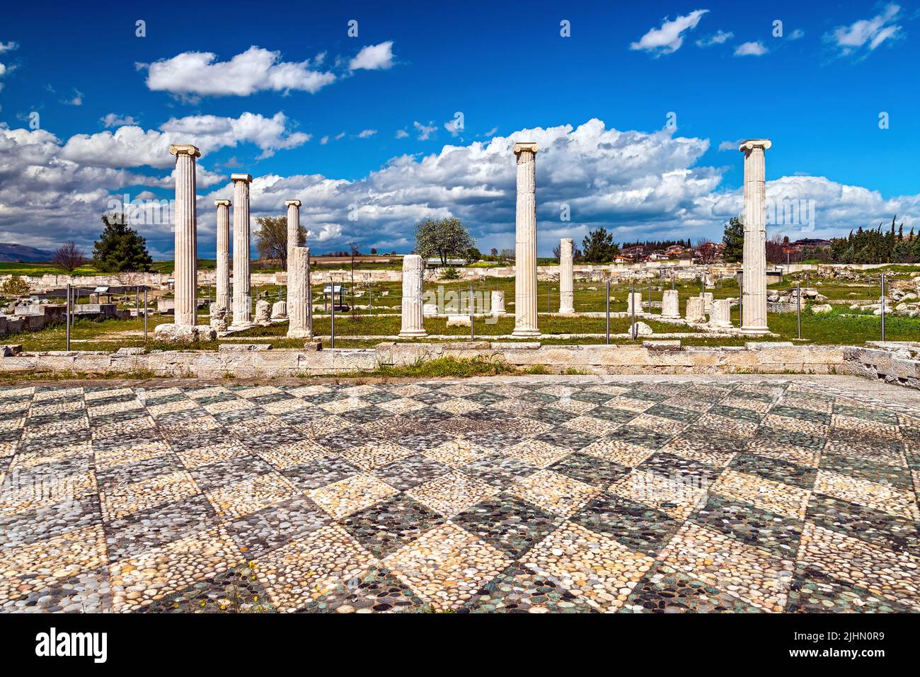 La 'Casa di Dioniso' presso il sito archeologico dell'antica Pella, Macedonia, Grecia. Foto Stock