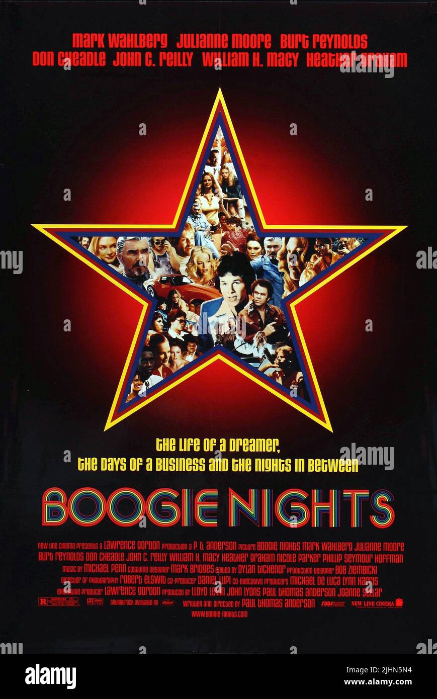 BURT REYNOLDS, Julianne Moore, Heather Graham, MARK WAHLBERG, John C. Reilly POSTER, Boogie Nights, 1997 Foto Stock