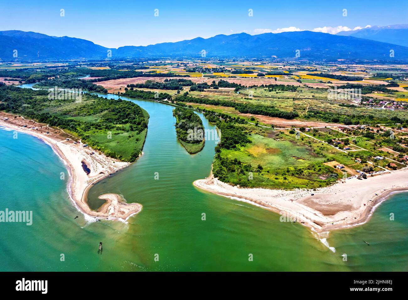 Veduta aerea del delta del fiume Pineios, Larissa, Tessaglia, Grecia. Foto Stock