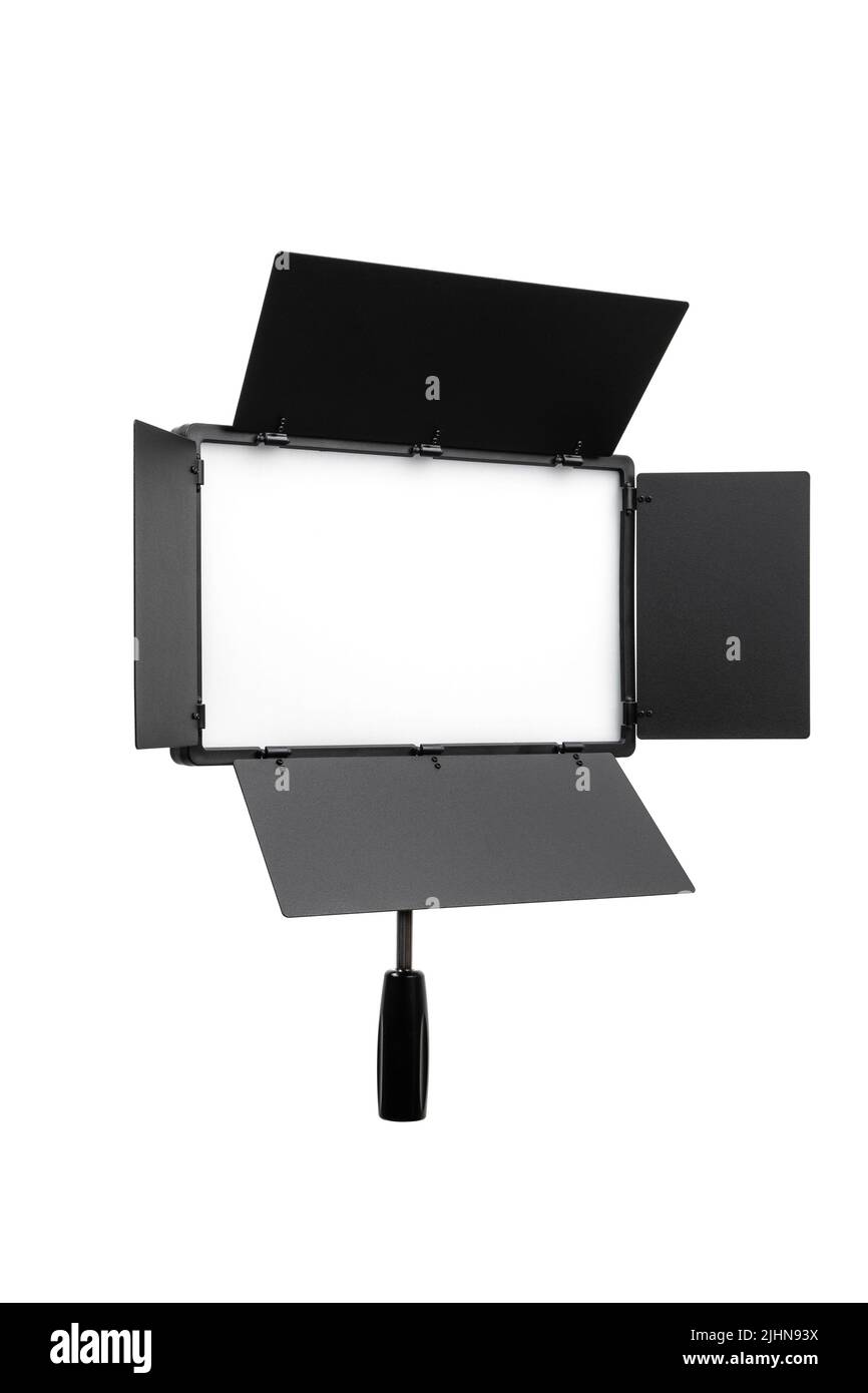 Foto e video lampada isolato su sfondo bianco. Lampada a LED con otturatori speciali per la formazione del flusso luminoso. Apparecchio di illuminazione per foto e video. Foto Stock