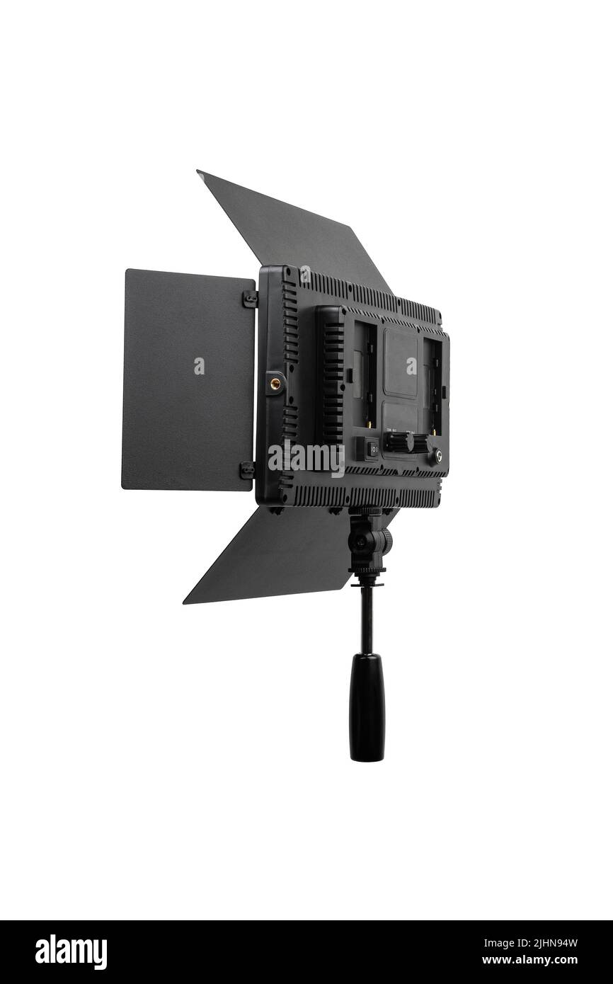 Foto e video lampada isolato su sfondo bianco. Lampada a LED con otturatori speciali per la formazione del flusso luminoso. Apparecchio di illuminazione per foto e video. Foto Stock