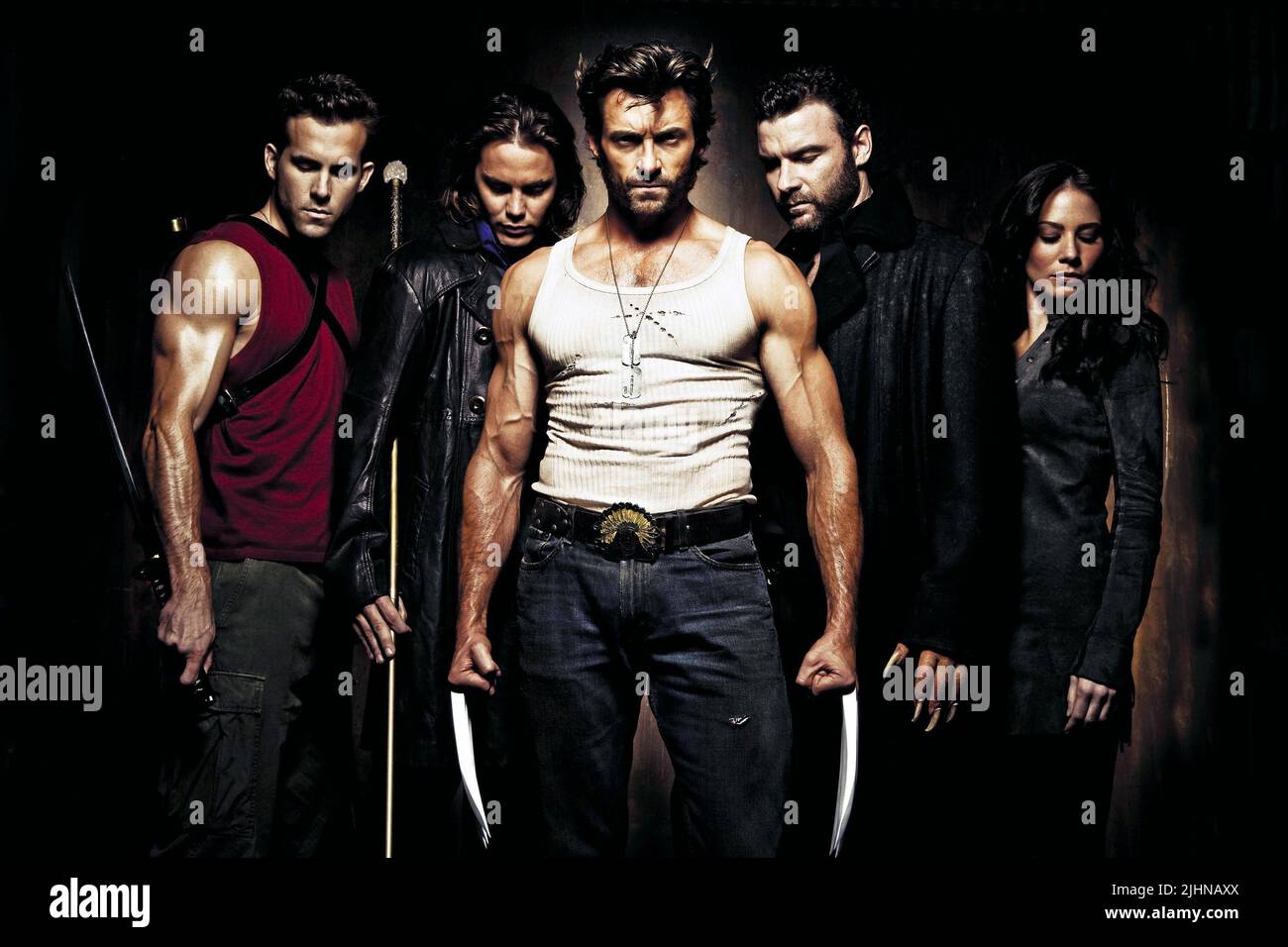 RYAN REYNOLDS, Taylor kitsch, Hugh Jackman, Liev Schreiber, LYNN COLLINS, X-Men Origins: Wolverine, 2009 Foto Stock