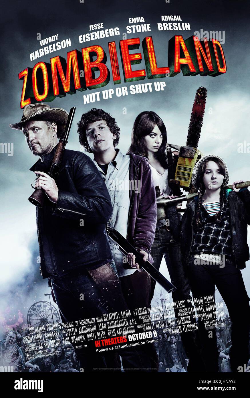 WOODY HARRELSON, Jesse Eisenberg, pietra della Emma, Abigail Breslin POSTER, "Zombieland", 2009 Foto Stock