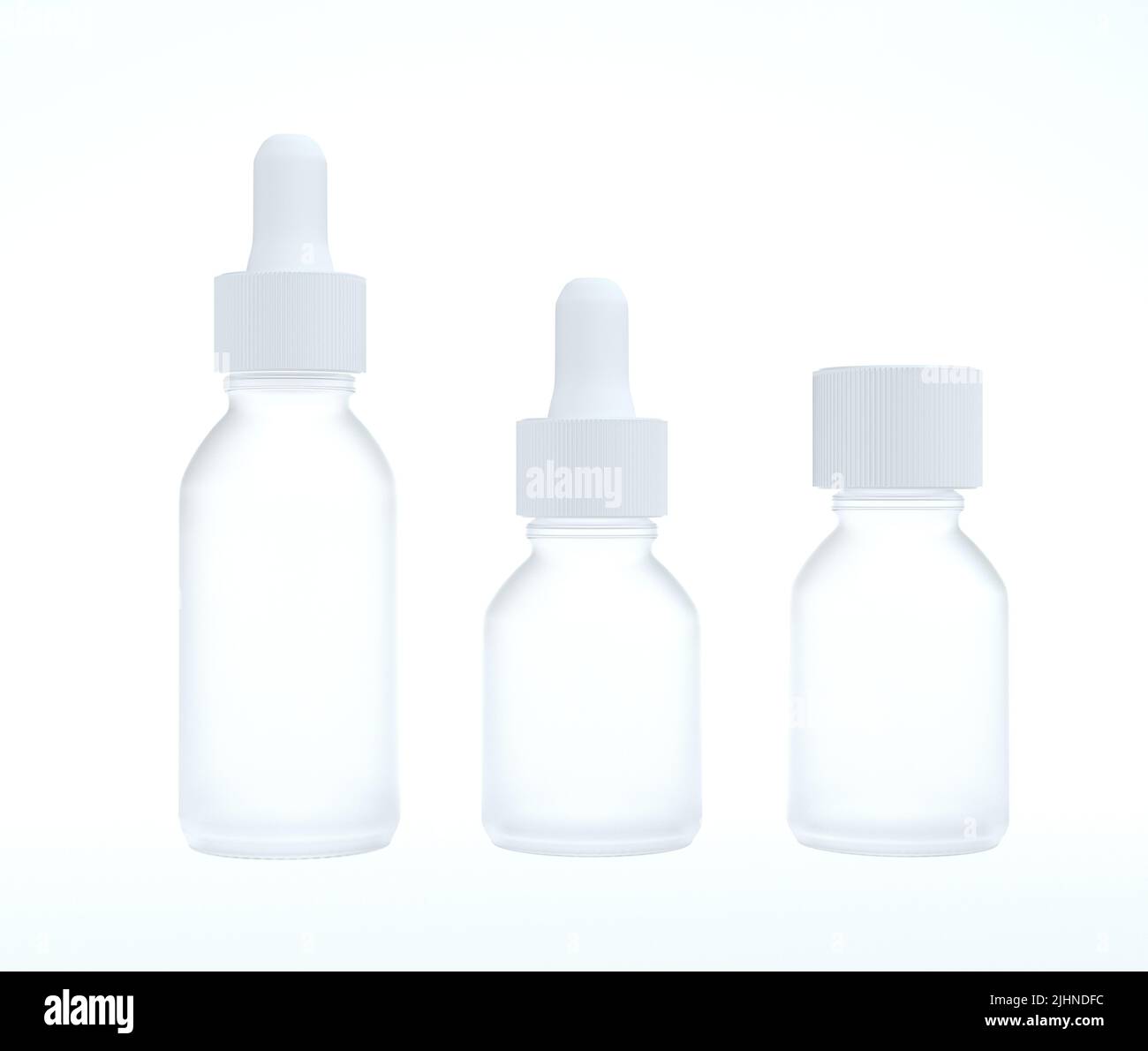 Set di tre diversi flaconi in vetro satinato bianco con olio viso, modello dropplet pronto per il design, resa 3D Foto Stock