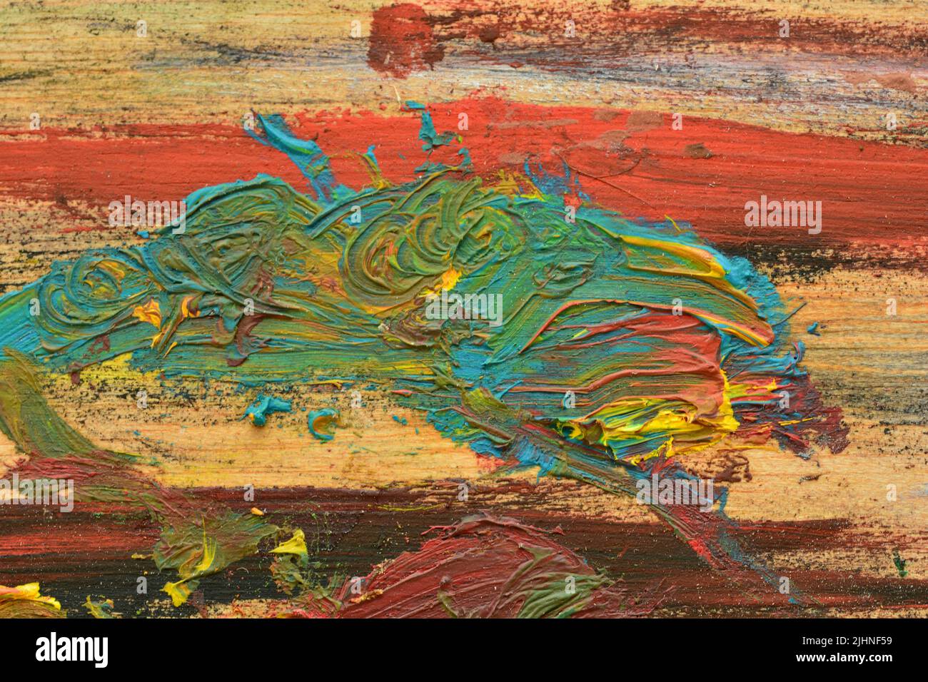 Detalle de los colores de una paleta de pintura al oleo Foto Stock