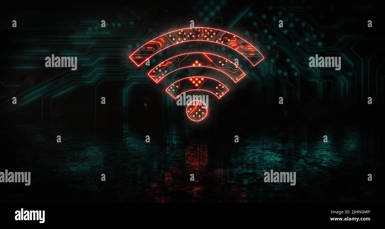 Immagine dell'icona wifi arancione brillante sullo zoccolo blu del processore Foto Stock