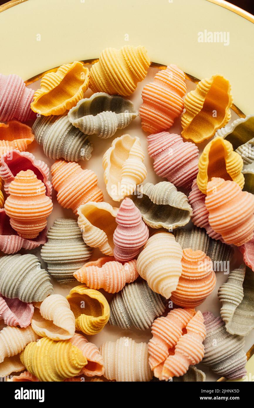 Conchiglie di Conchiglie di Conchiglioni di mare secco Pasta colorata, spinaci, barbabietole, curcuma e paprika per colorare la pasta verde, rosa, giallo, arancio Foto Stock