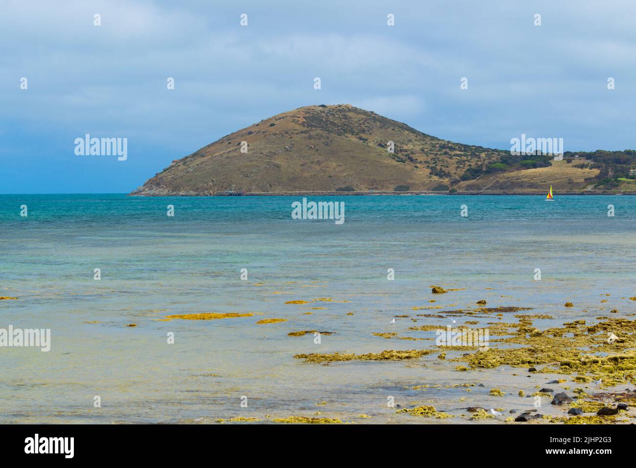 La scogliera di Rosetta Head, vista attraverso Encounter Bay a Victor Harbor in South Australia. Foto Stock