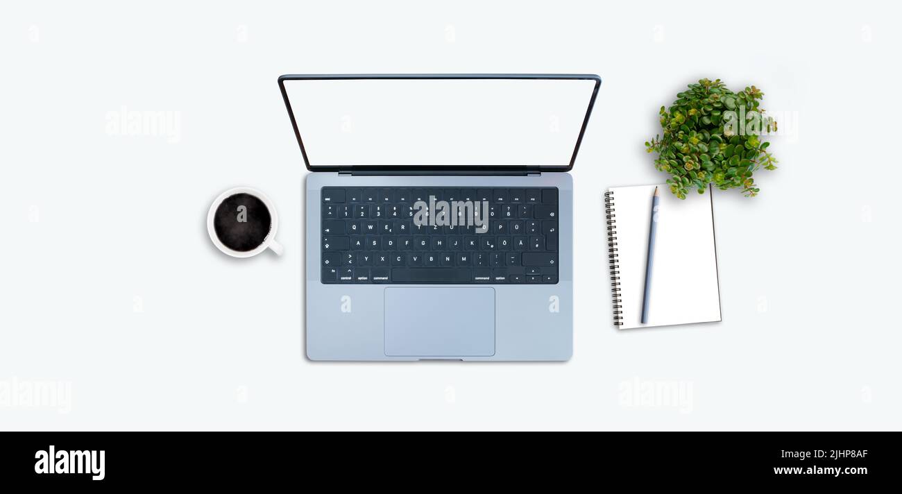 vista dall'alto del moderno computer portatile su un tavolo bianco con succulenta pianta e blocco note Foto Stock