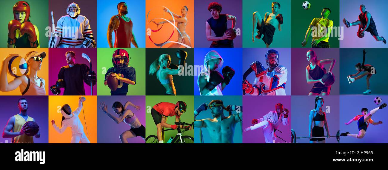 Collage sportivo di atleti professionisti su sfondo sfumato multicolore. Concetto di movimento, azione, stile di vita attivo, successi Foto Stock