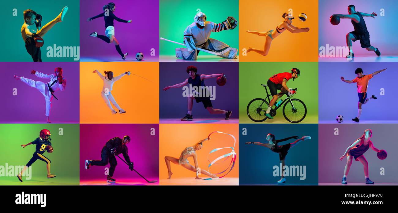 Collage sportivo di atleti professionisti su sfondo sfumato multicolore. Concetto di movimento, azione, stile di vita attivo, successi Foto Stock