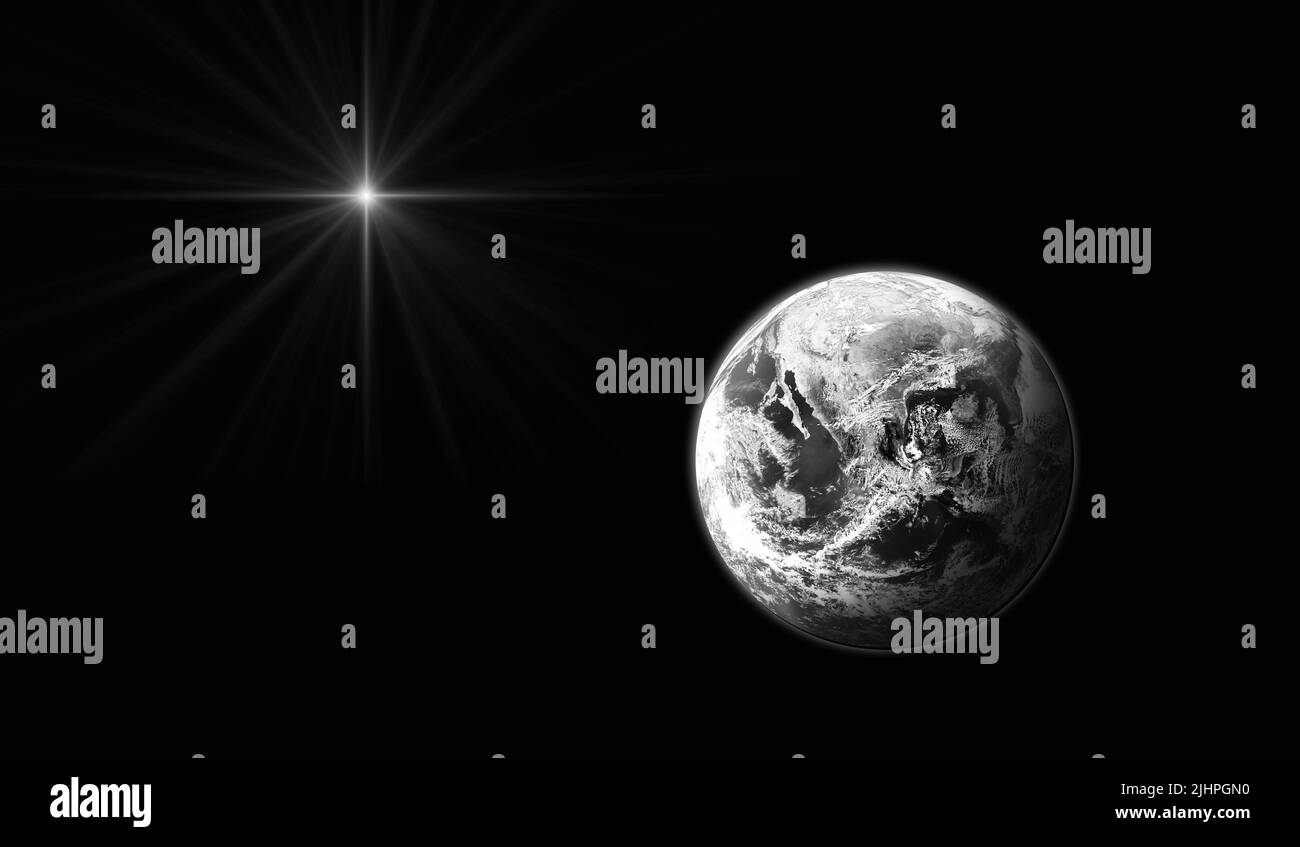 Pianeta Terra con stella luminosa. Bianco e nero. Stella di Natale della Natività di Betlemme,. Elementi di questa immagine forniti dalla NASA Foto Stock