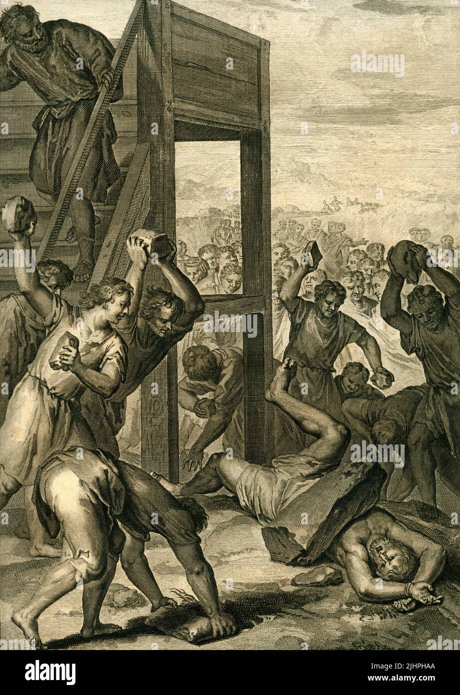 Vorderasien, Israele, originatore testo : Die Israeliten steinigen den Gotteslästerer ausser dem Lager ' , Levit. XXIV. , Kupferstich von Blois nach Gerard Hoet ( 1648-1733) bei Francois Halma ( 1653-1722) , Den Haag, Pierre de Hondt, 1728 , aus dem Werk: Figure de la Biblae al la Haye Chez Pierre de Hondt , der Bildtext im unteren Teil des moicht wurde nives gescannt . / Vicino Oriente, Israele, testo originale : il bestemmiatore lapidato senza il campo , Levit. XXIV. , Incisione in copperplate di Blois dopo Gerard Hoet (1648-1733 ) , di Francois Halma (1653-1772 ) , Den Haag, Pierre de Hondt, 1728 , Foto Stock