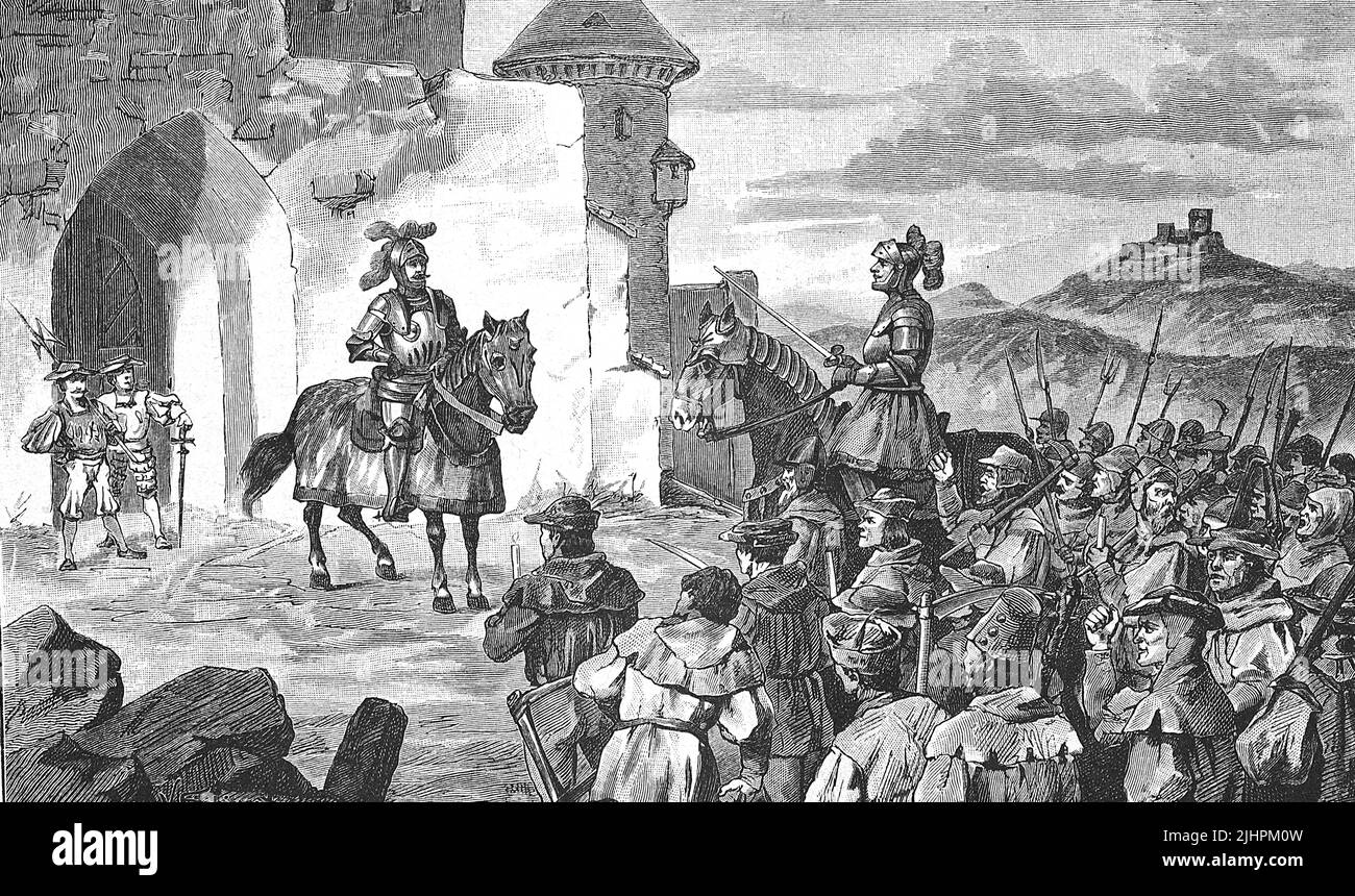 Guerra dei contadini tedeschi, 1524-1526, il maresciallo del vescovo negozia con i contadini, storica, digitale migliorata la riproduzione di un originale del 19th secolo Foto Stock