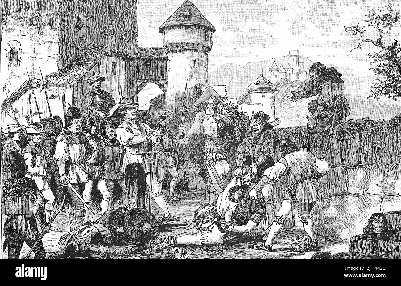 Guerra dei contadini tedeschi, 1524-1526, dopo l'assestamento del Castello di Maichau, riproduzione storica e digitale migliorata di un originale del 19th secolo Foto Stock