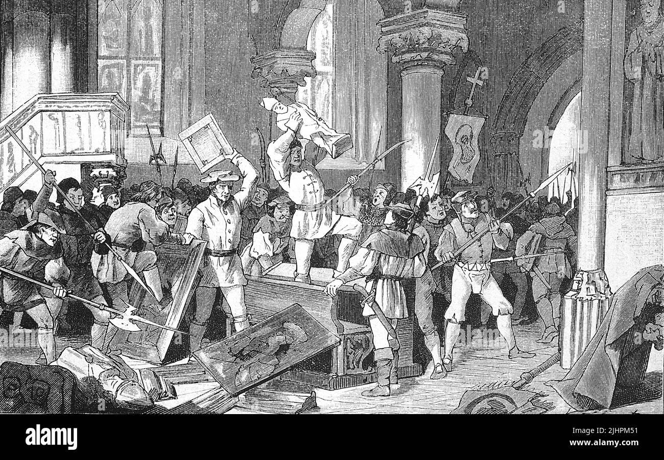 Guerra dei contadini tedeschi, 1524-1526, iconoclasmo a Mulhouse, riproduzione storica, digitale migliorata di un originale del 19th secolo Foto Stock