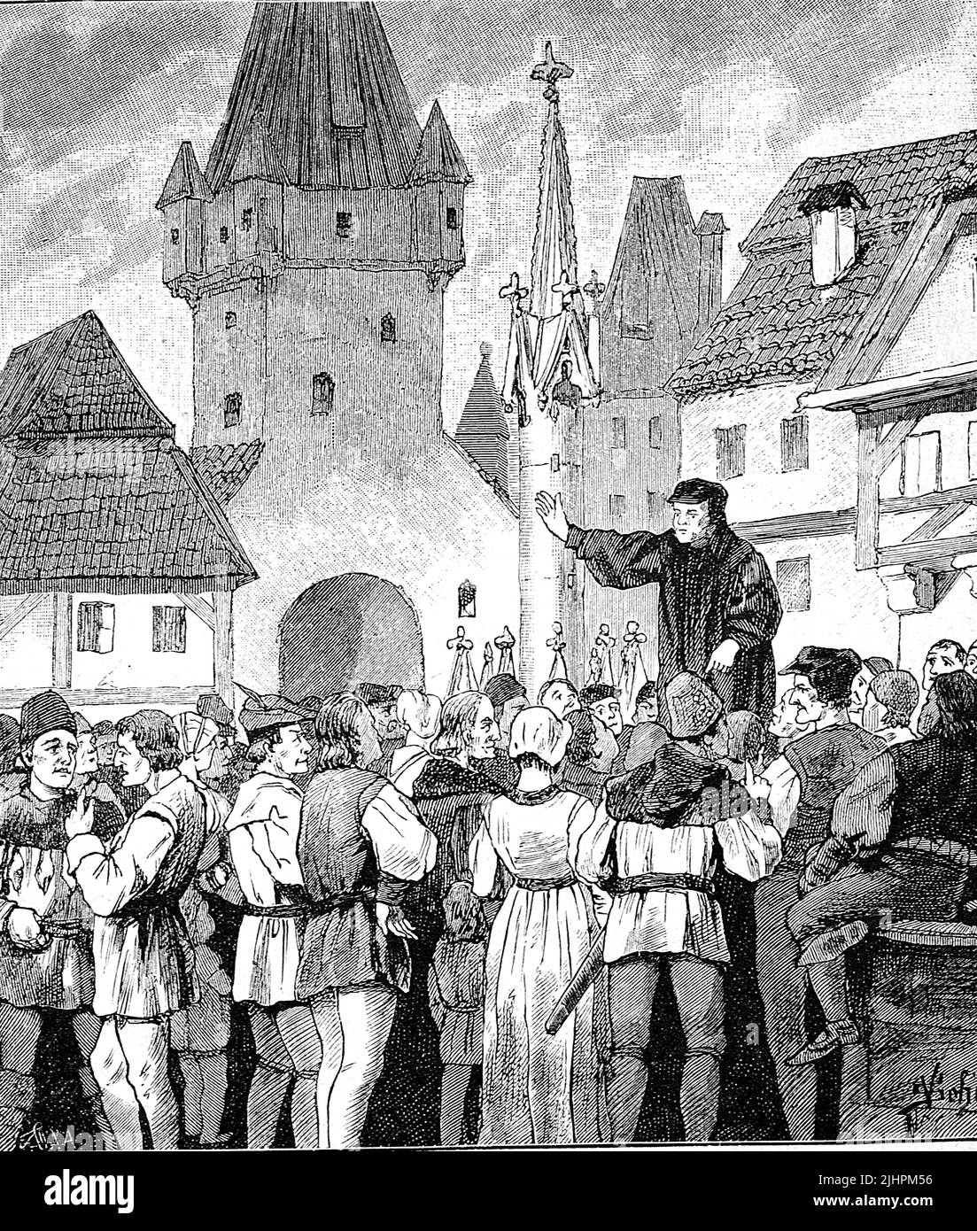 La guerra dei contadini tedeschi, 1524-1526, Münzer predica al popolo di Klettgau, la riproduzione storica e digitale migliorata di un originale del 19th secolo Foto Stock