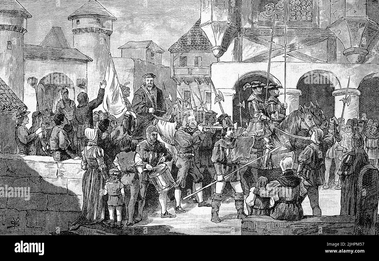 Guerra dei contadini tedeschi, 1524-1526, Hubbier è solennemente ricevuto a Landshut, storica, digitale migliorata la riproduzione di un originale del 19th secolo Foto Stock