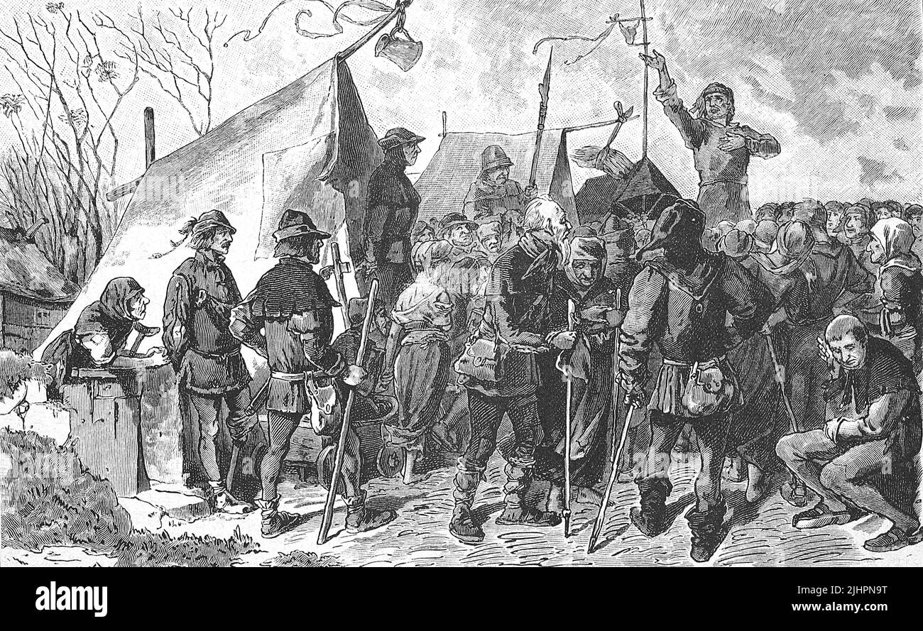 Deutscher Bauernkrieg, 1524-1526, Pfeiferhänslein predigt, Hans Böhm oder Hans Behem, Pauker von Niklashausen (geboren um 1458, gestorben 19. Juli 1476) auch als Pfeifer von Niklashausen, Pfeiferhannes, Pfeiferhänslein oder Henselins bekannt war Viehirte, Musikant, Prediger und Initiator der Niklashäuser Wallfahrt von 1476 / German Peasants' War, 1524-1526, Pfeiferhänslein Preaches, Hans Böhm o Hans Behem, Pauker von Niklashausen (nato il 19 luglio 1458), morto intorno al 1476) Noto anche come Pfeifer von Niklashausen, Pfeiferhannes, Pfeiferhänslein o Henselins era un pastore di bestiame, musicista, predicatore Foto Stock