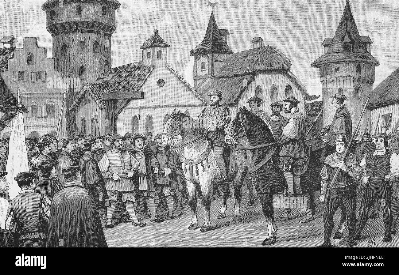 Deutscher Bauernkrieg, 1524-1526, Florian Geyer a Rotenburg, Florian Geier von Giebelstadt, geboren um 1490, gestorben 10. Juni 1525) guerra ein Fränkischer Reichsritter, Truppenführer im Dienst des Markgrafen Albrecht von Brandenburg-Ansbach und Diplomat / Guerra dei contadini tedeschi, 1524-1526, Florian Geyer a Rotenburg, Florian Geier di Giebelstadt, nato c.. 1490, morto 10 giugno 1525) era un cavaliere imperiale franco, comandante delle truppe al servizio di Margravio Albrecht di Brandeburgo-Ansbach, e diplomatico, Historich, restaurierte digitale Reproduktion einer Originalvorlage aus dem 19. Jahrhundert Foto Stock