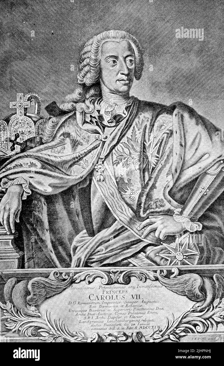 Karl Albrecht von Bayern (geboren 6. Agosto 1697, gestorben 20. Januar 1745) aus dem Hause Wittelsbach war von 1726 bis 1745 als Karl I. Kurfürst und Herzog von Bayern. Nach dem Tod Kaiser Karls VI. Im Jahr 1740, von 1742 bis 1745 al Karl VII. Kaiser des Heiligen Römischen Reiches / Charles Albrecht di Baviera (nato il 6 agosto 1697, morto il 20 gennaio 1745) della Casa di Wittelsbach fu Elettore e duca di Baviera come Carlo i dal 1726 al 1745. Dopo la morte dell'imperatore Carlo VI nel 1740, dal 1742 al 1745 come Carlo VII Imperatore del Sacro Romano Impero, Historich, restaurierte digitale Re Foto Stock