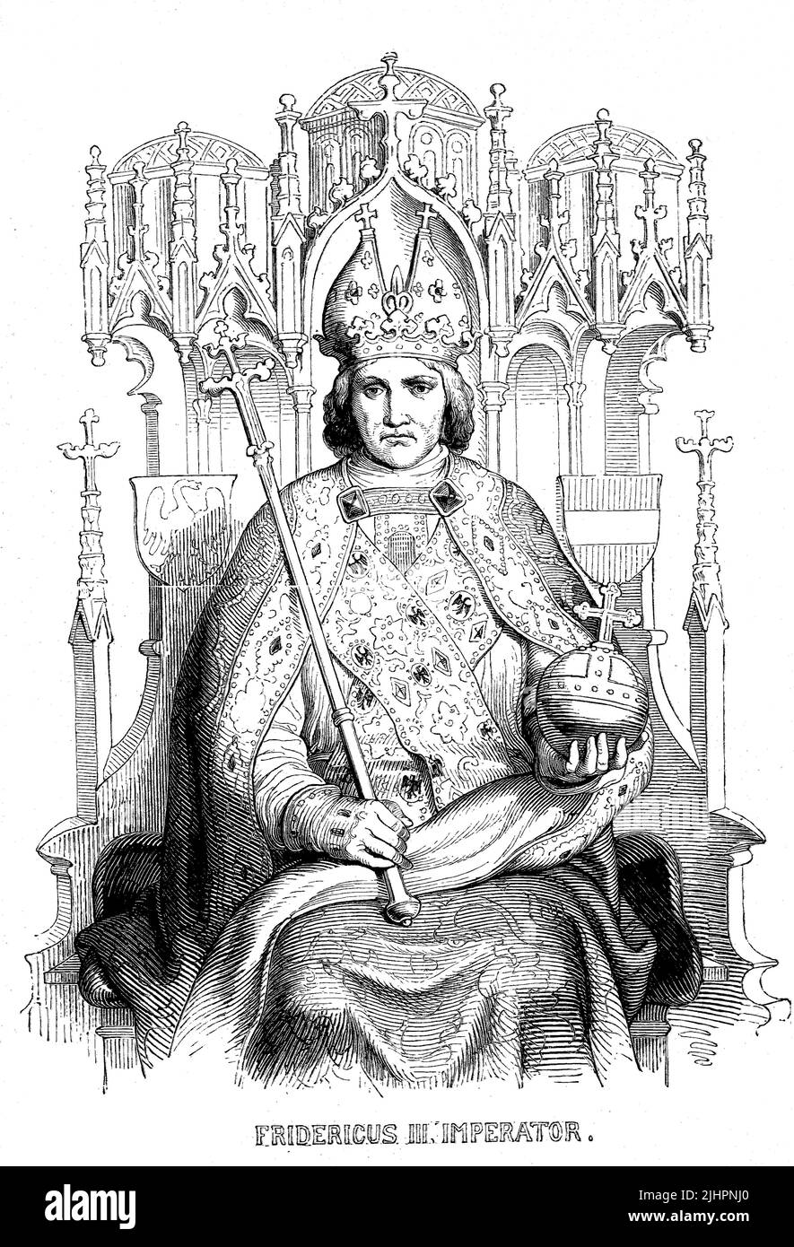 Friedrich III (geboren 21. Settembre 1415, gestorben 19. Agosto 1493) aus dem Hause Habsburg war als Friedrich V. ab 1424 Herzog der Steiermark, von Kärnten und Krain, ab 1439 Herzog von Österreich, als Friedrich III ab 1440 Römisch-deutscher König und ab 1452 Kaiser des Heiligen Römischen Reiches / Frederick III (nato il 21 settembre 1415, morto il 19 agosto 1493) Della Casa degli Asburgo fu Duca di Stiria, Carinzia e Carniola come Federico V dal 1424, Duca d'Austria dal 1439, Re romano-tedesco come Federico III dal 1440 e Imperatore Sacro Romano dal 1452, Historisch, restaurierte digitale Foto Stock