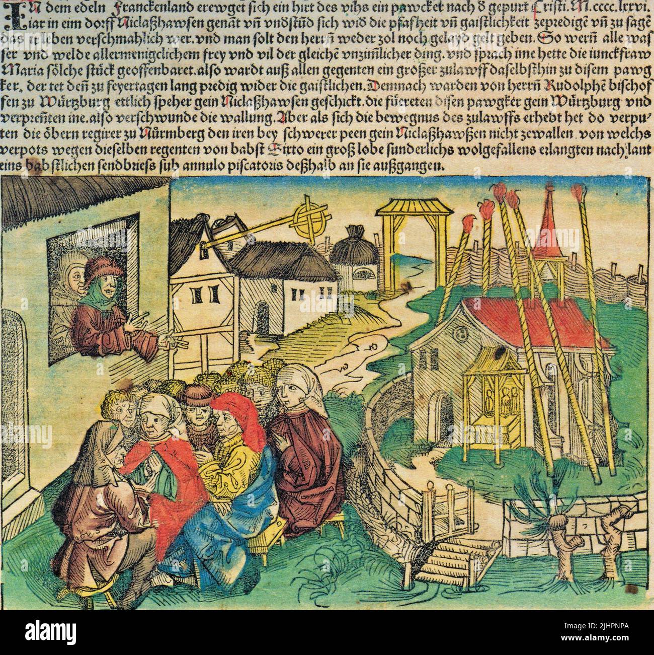 Hans Böhm oder Hans Behem, Pauker von Niklashausen (geboren um 1458, gestorben 19. Juli 1476), Pfeiferhannes, Pfeiferhänslein, guerra Viehirte, Musikant, Prediger und Initiator der Niklashäuser Wallfahrt von 1476. Bericht über den Pauker von Niklashausen in der Schedelschen Weltchronik von 1493/Joseph II, Benedikt Hans Böhm o Hans Behem, Pauker von Niklashausen (nato intorno al 1458, morto il 19 luglio 1476), Pfeiferhannes, Pfeiferhänslein, Era un pastore di bestiame, musicista, predicatore e iniziatore del pellegrinaggio di Niklashäuser del 1476. Relazione sul Pauker von Niklashausen nella Schedelsche Weltchroni Foto Stock