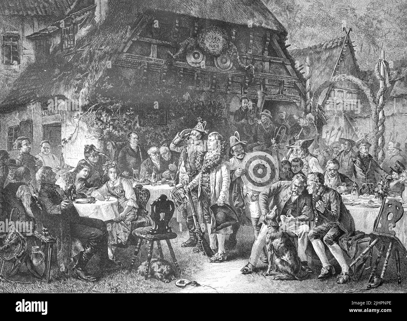 Schützen und der Schützenkönig auf einem Schützenfest ad Hannover, Deutschland / Marksmen e il re del festival di tiro a un Schützenfest ad Hannover, Germania, illustrazione storica, Historisch, restaurierte digitale Reproduktion einer Originalvorlage aus dem 19. Jahrhundert, genaues Originaldatum nicht bekannt, Foto Stock
