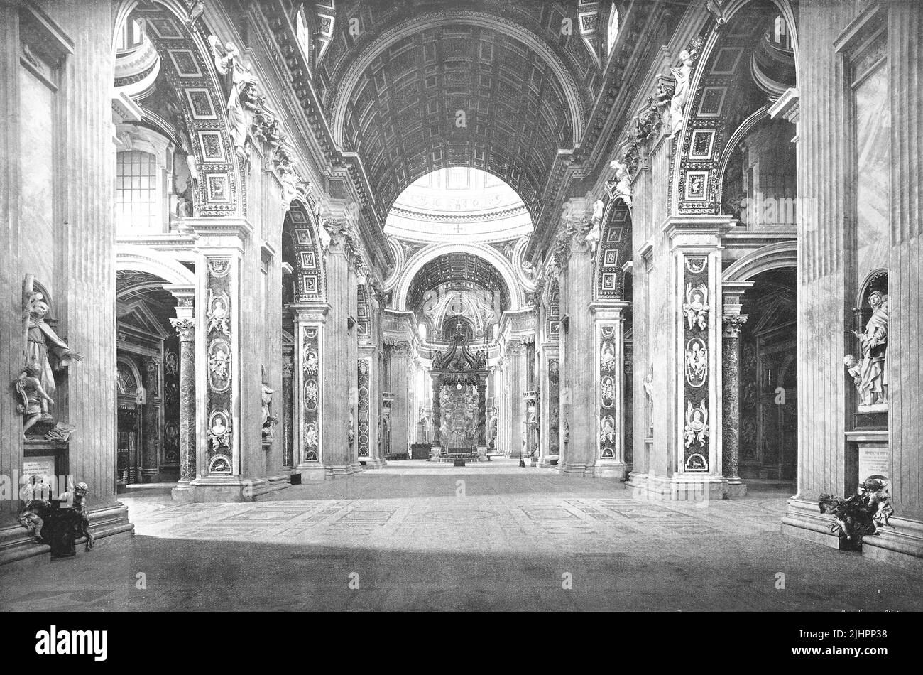 Historisches Foto (ca 1880) des Innenraums der päpstlichen Basilika San Pietro im Vatikan, Basilica Papale di San Pietro in Vaticano oder Petersdom, einer italienischen Renaissancekirche in der Vatikanstadt, der päpstlichen Enklave innerhalb der Stadt Rom, Italien / Foto storica dell'interno della Basilica Papale di San Pietro in Vaticano, Basilica Papale di San Pietro in Vaticano, O la Basilica di San Pietro, una chiesa rinascimentale italiana nella Città del Vaticano, l'enclave papale all'interno della città di Roma, Italia, Historisch, restaurierte digitale Reproduktion einer Originalvorlage aus dem 19. Jahrhunde Foto Stock