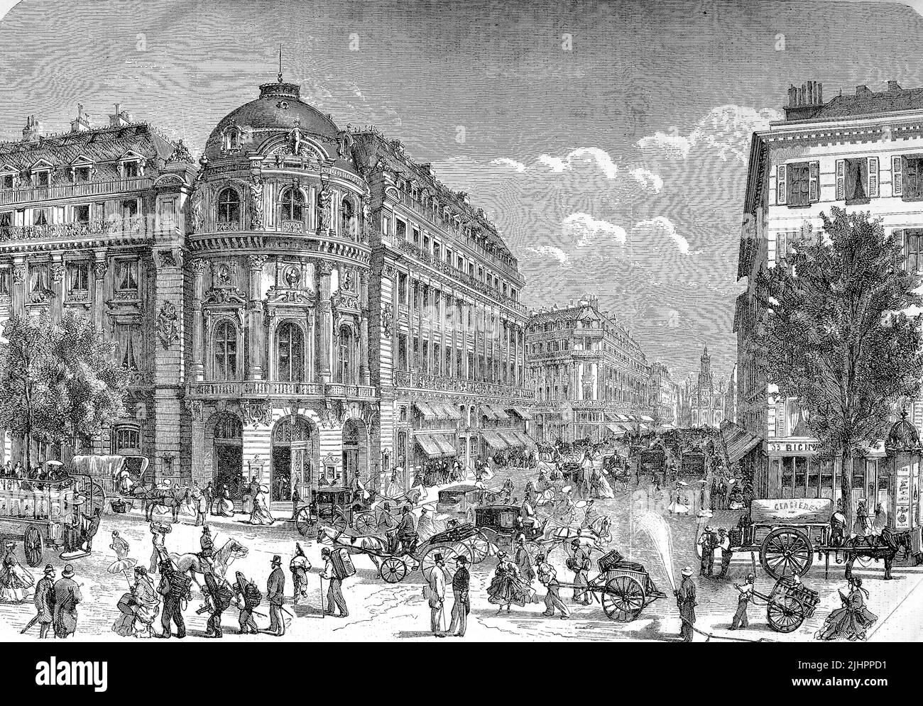 Verkehr und Menschen in der Straße Boulevard des Capucines, Chaussee d' Antin und das neue Theatre di Parigi, Frankreich, Theater du Vaudeville 1869, später Paramount Opera Filme und Gaumont Opera / Traffic and People in the Street Boulevard des Capucines, Chaussee d' Antin e il nuovo teatro di Parigi, Francia, Theatre du Vaudeville 1869, più tardi Paramount Opera e Gaumont Opera, Historiisch, digital restaurierte Reproduktion einer Originalvorlage aus dem 19. Jahrhundert, genaues Originaldatum nicht bekannt, Foto Stock