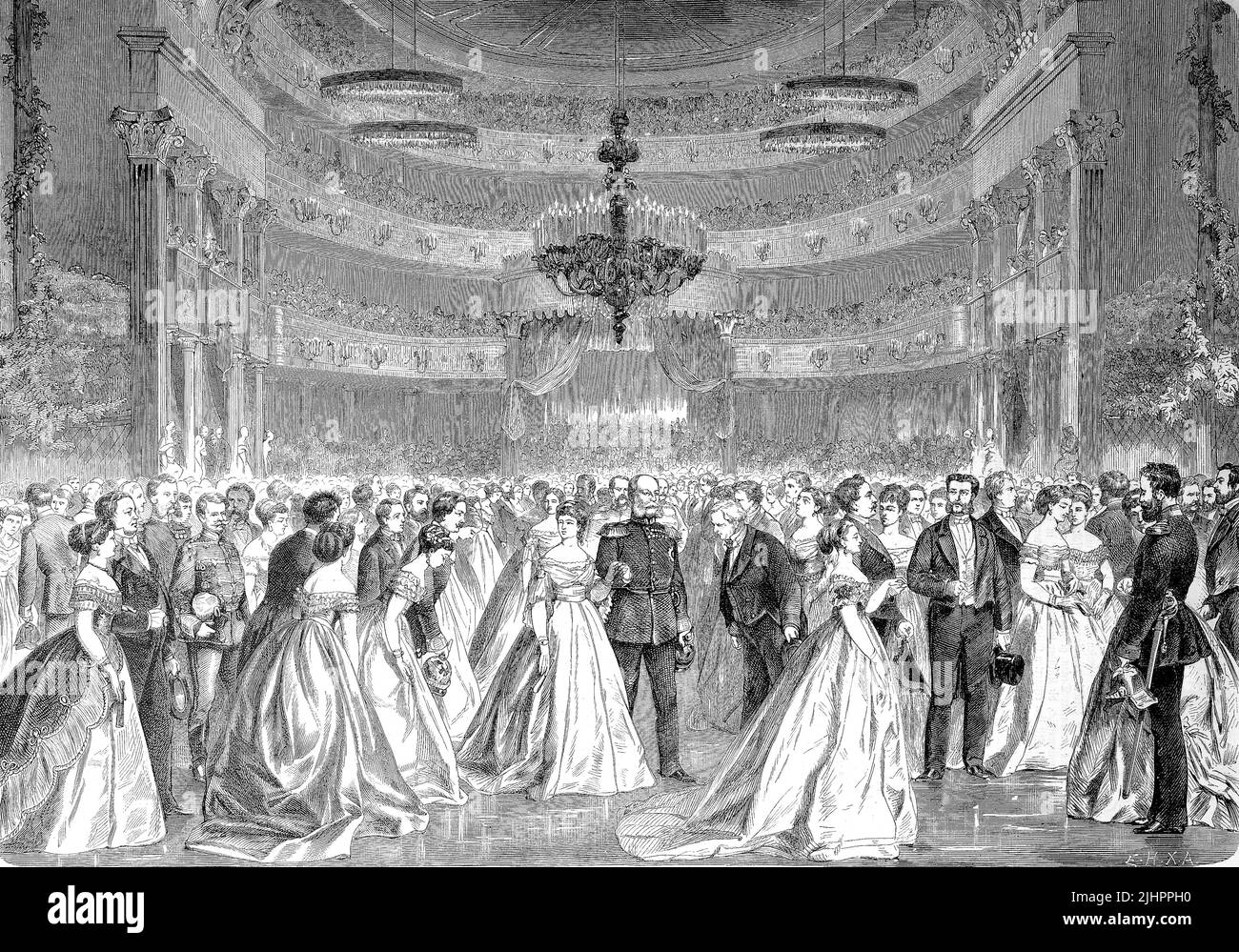 Eine Abo-Ball-Tanzparty in der Oper von Berlin, Deutschland / a subscription ball dance party nell'opera di Berlino, Germania, Historisch, digital restaurierte Reproduktion einer Originalvorlage aus dem 19. Jahrhundert, genaues Originaldatum nicht bekannt, Foto Stock