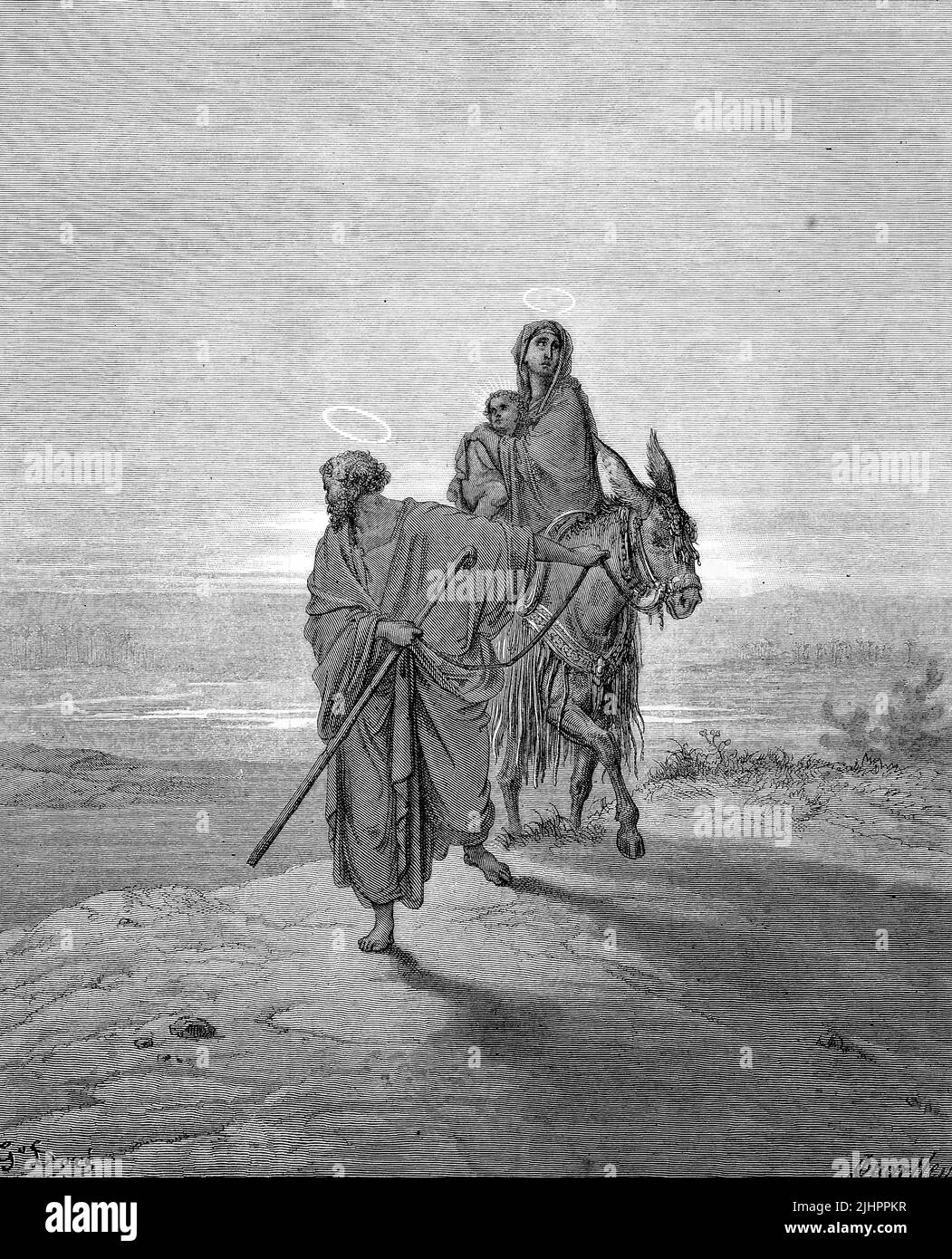Die Flucht nach Ägypten ist ein biblisches Ereignis, das im Matthäus-Evangelium beschrieben wird. Kurz nach dem Besuch der Heiligen Drei Könige, die erfahren hatten, dass König Herodes die Absicht hatte, die Kinder in dieser Gegend zu töten, erschien Josef ein Engel im Traum und riet ihm, Mit Maria und dem kleinen Sohn Jesus nach Ägypten zu fliehen / la fuga in Egitto è un evento biblico descritto nel Vangelo di Matteo. Poco dopo la visita dei Magi, che avevano imparato che il re Erode intendeva uccidere i bambini di quella zona, un angelo apparve a Giuseppe in un sogno per dirgli di fuggire Foto Stock