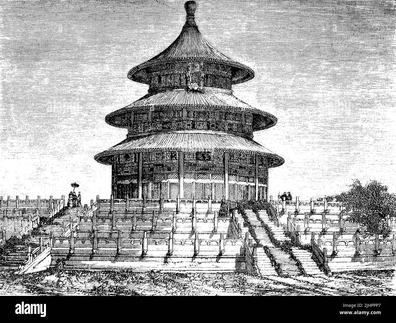 Halle des Gebets für gute Ernten, das größte Gebäude des Himmelstempels, Pechino, Cina / Sala di preghiera per i raccolti buoni, il più grande edificio del Tempio del Cielo, Pechino, Cina, Historisch, restaurierte digitale Reproduktion einer Originalvorlage aus dem 19. Jahrhundert, genaues Originaldatum nicht bekannt, Foto Stock