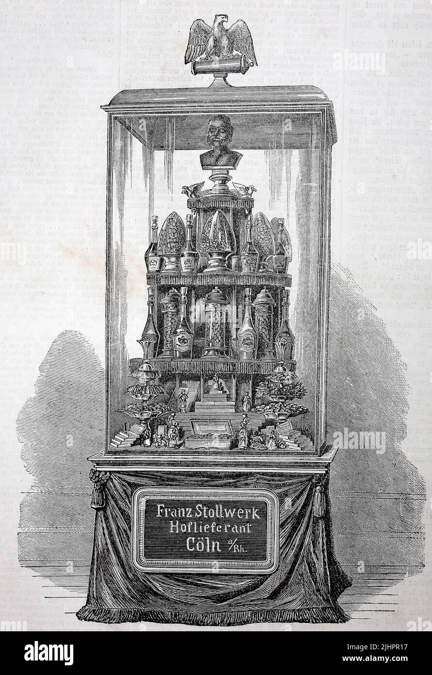 Weltausstellung a Parigi, Frankreich, eine Werbung der Firma Stollwerk, Schokoladenhersteller aus Köln, Deutschland / World's fair, World fair, World exposition, o Universal Exposition a Parigi, Francia, una pubblicità della società Stollwerk, produttore di cioccolato da Colonia, Germania, Historisch, digital restaurierte Reprodukeiner aus voraldem 19. Jahrhundert, genaues Originaldatum nicht bekannt, Foto Stock