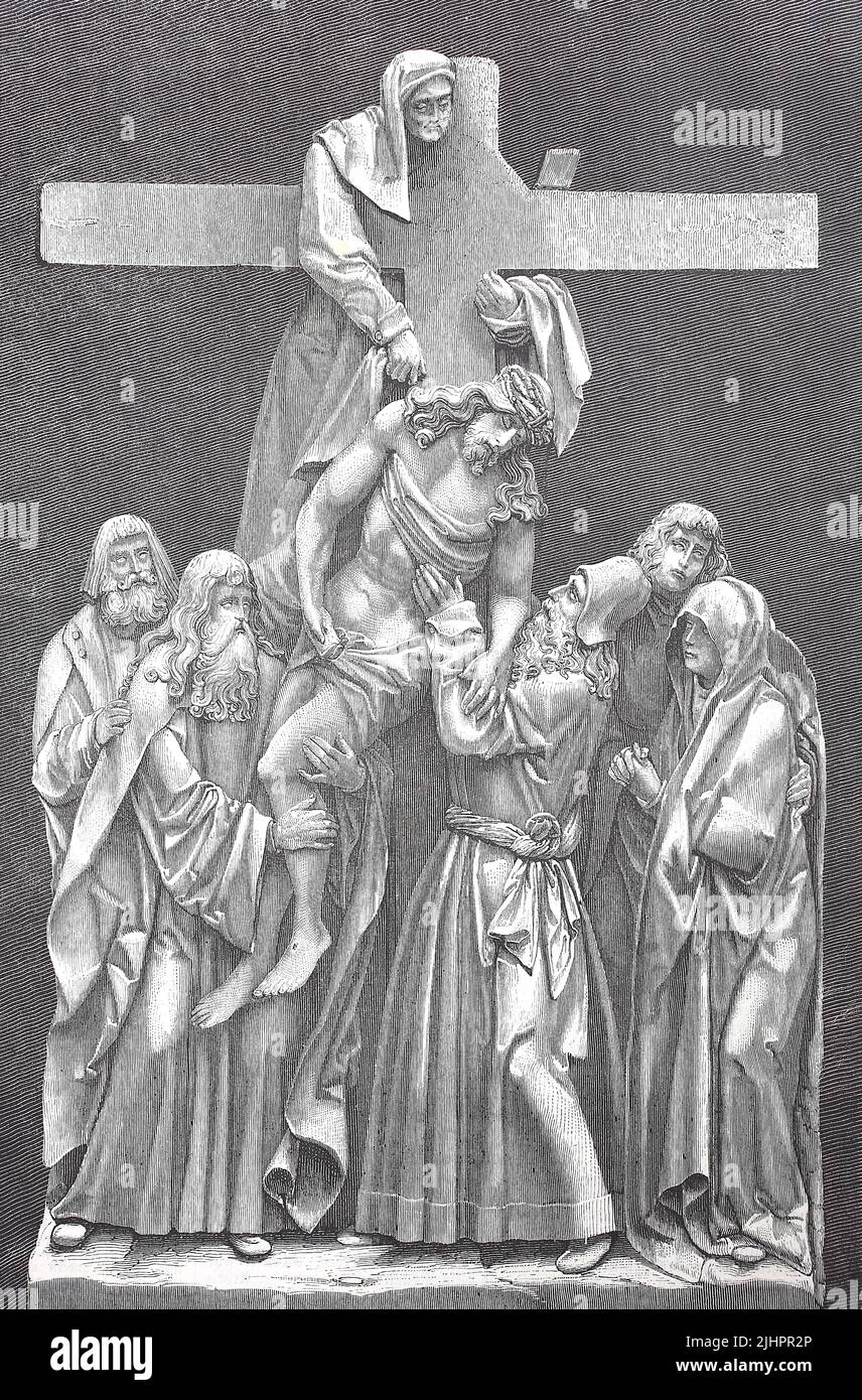 Die Kreuzabnahme oder Absetzung Christi ist die in der Kunst dargestellte Szene aus den Berichten der Evangelien, in denen Josef von Arimathäa und Nikodemus Christus nach seiner Kreuzigung vom Kreuz abnehmen, hier ein Relief aus der Kirche von Seligenstadt, Deutschland / The Descent from the Cross, O deposizione di Cristo, è la scena, come raffigurato nell'arte, dai resoconti dei Vangeli di Giuseppe d'Arimathea e Nicodemo che scendono Cristo dalla croce dopo la sua crocifissione, qui un rilievo dalla chiesa di Seligenstadt, Germania, Historiisch, restaurierte digitale Reproduktion einer Originalvo Foto Stock