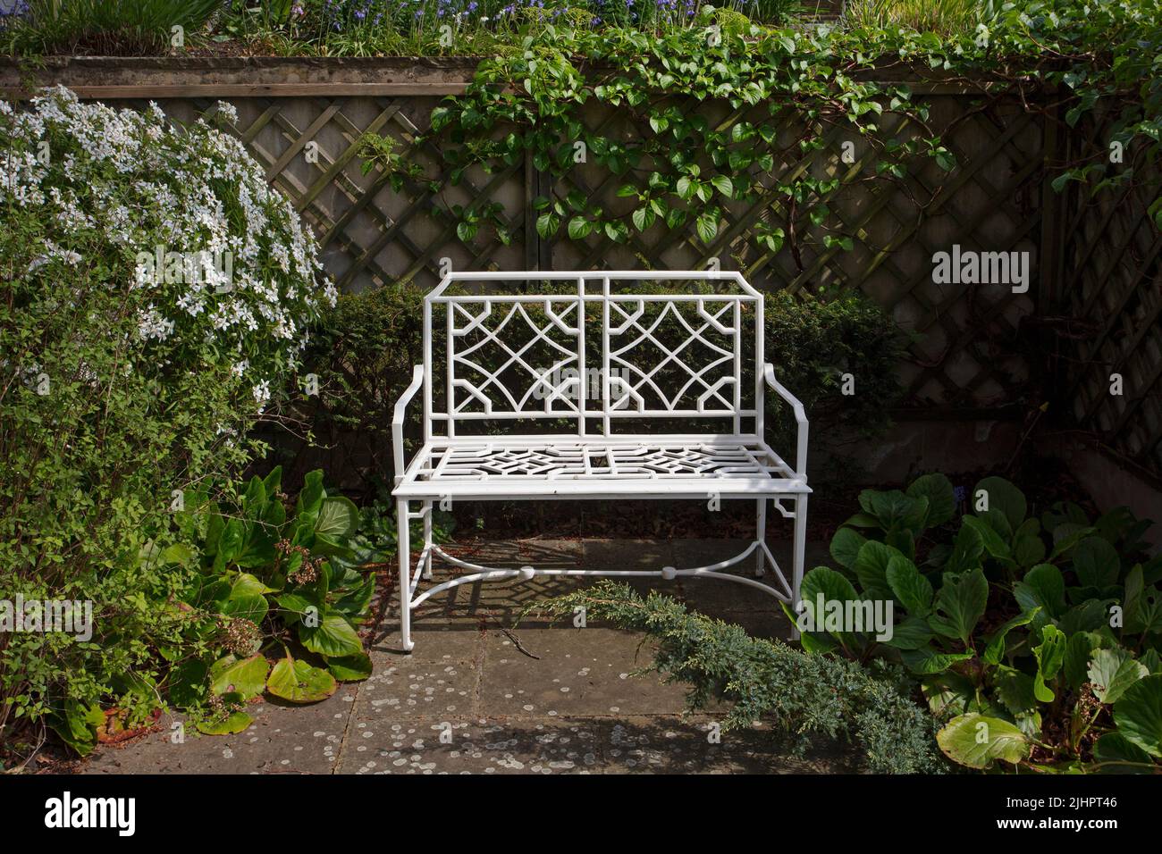 Panca da giardino in metallo in giardino inglese, Inghilterra Foto Stock