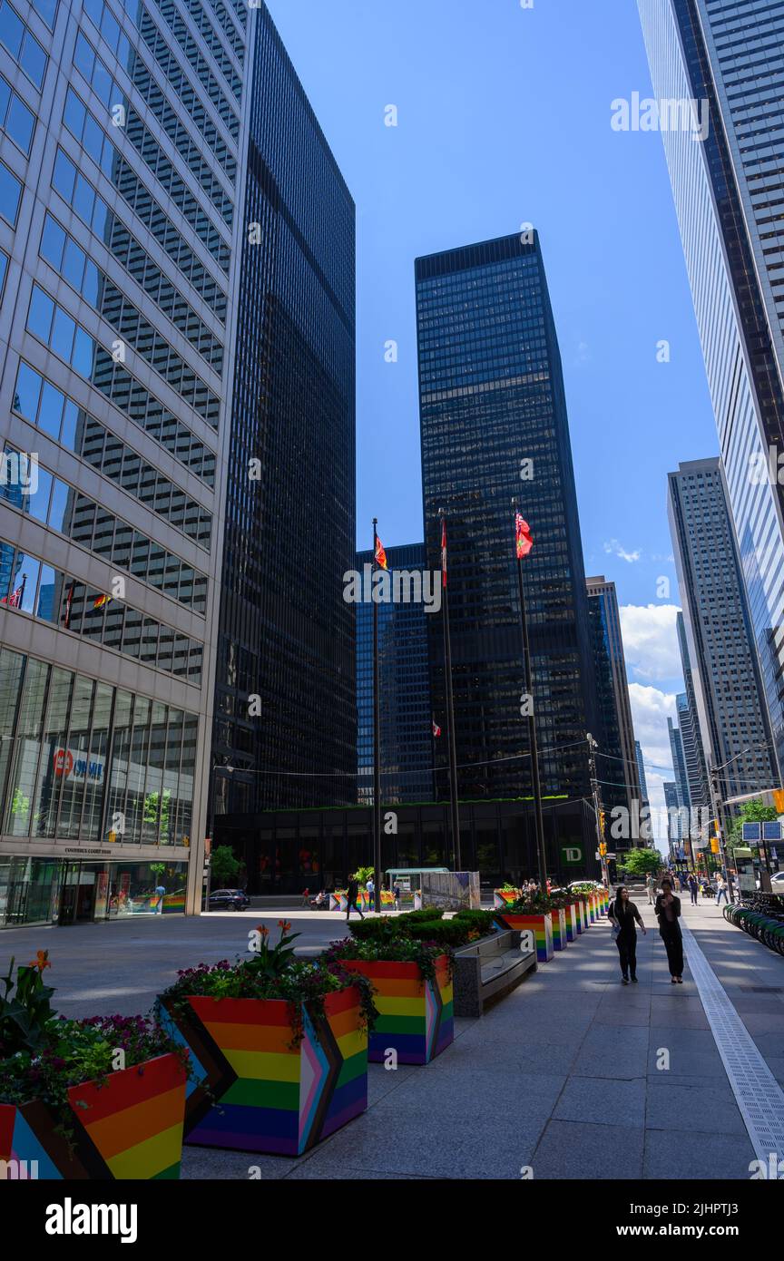 Ammira King St West con grattacieli che si innalzano dal livello della strada nel quartiere finanziario di Toronto, Ontario, Canada. Foto Stock