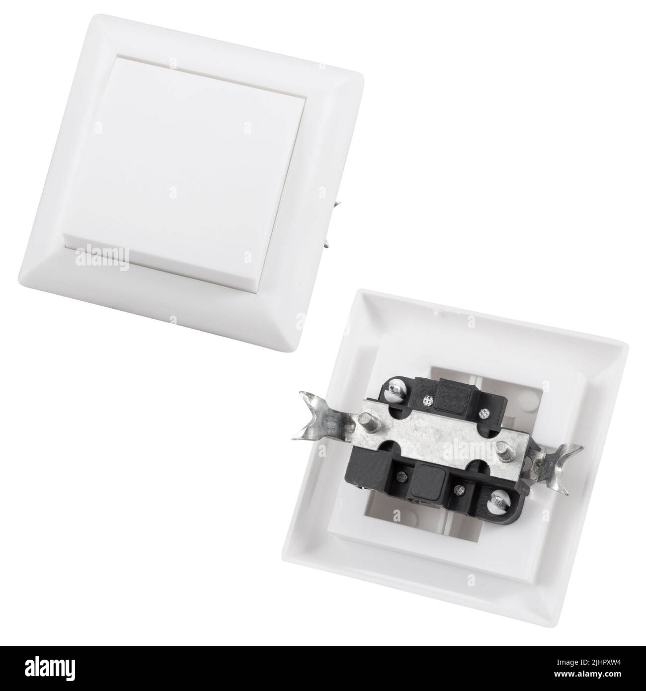 Interruttore luminoso incorporato con 1 tasti isolati su sfondo bianco. Fotografia della parte anteriore e posteriore dell'interruttore. Foto Stock