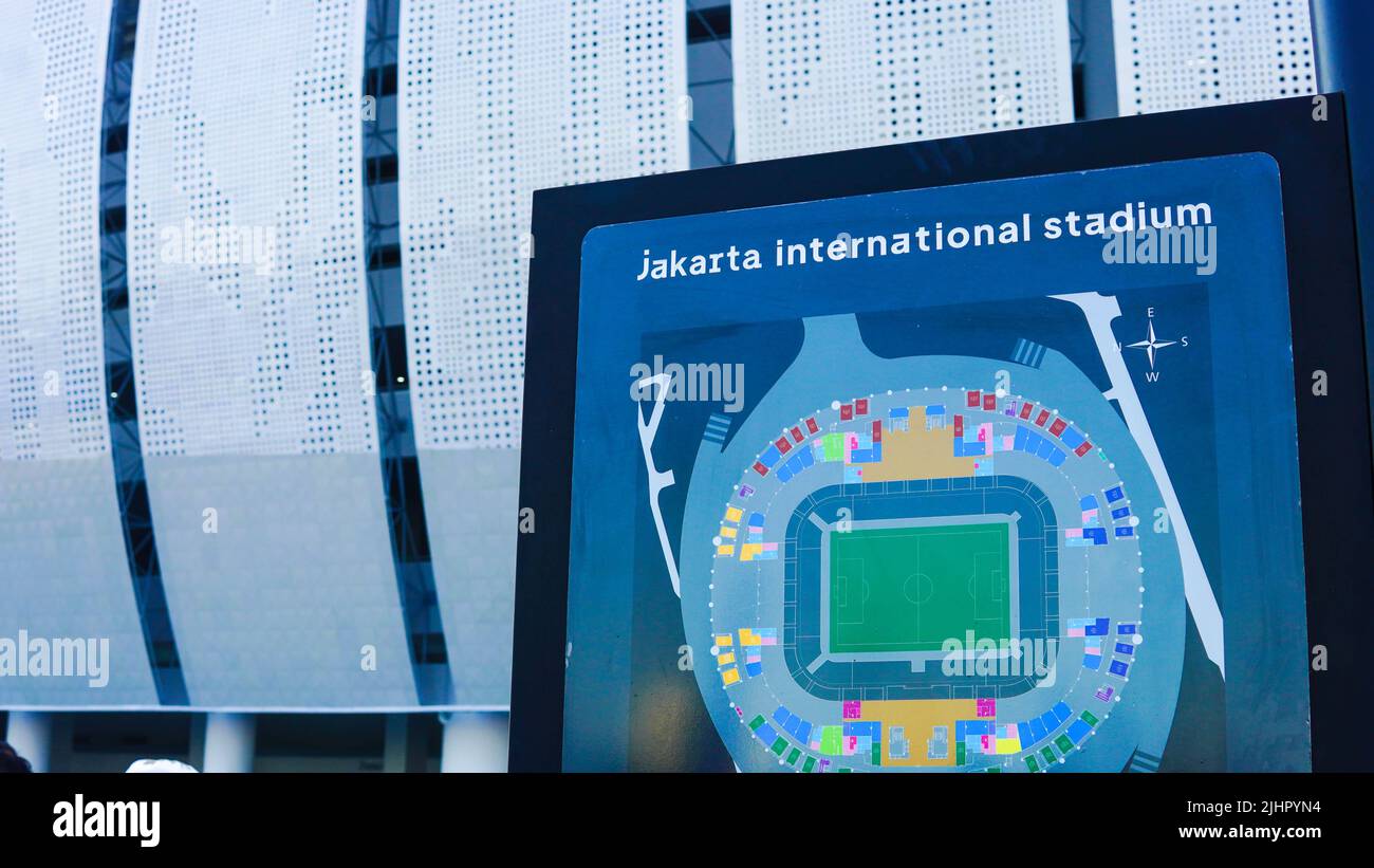 Jakarta, INDONESIA - 14th luglio 2022 - Jakarta International Stadium markers come mappa Foto Stock