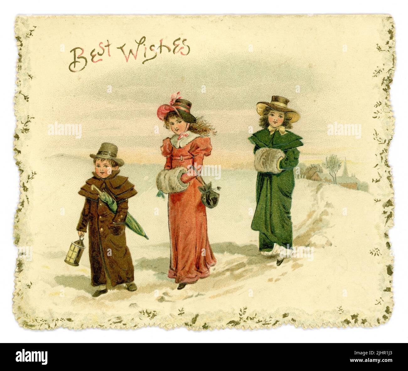 Cartolina di auguri di Natale dell'epoca edoardiana, cartolina di Natale vittoriana. il saluto è "i migliori auguri". I bambini sono vestiti in stile Regency period (Regency era 1811-1820) vestiti che camminano sulla neve, una cartolina online simile inviata negli Stati Uniti. datato 1904 Foto Stock Cartolina di auguri di Natale dell'epoca edoardiana, cartolina di Natale vittoriana. il saluto è "i migliori auguri". I bambini sono vestiti in stile Regency period (Regency era 1811-1820) vestiti che camminano sulla neve, una cartolina online simile inviata negli Stati Uniti. datato 1904 Foto Stock